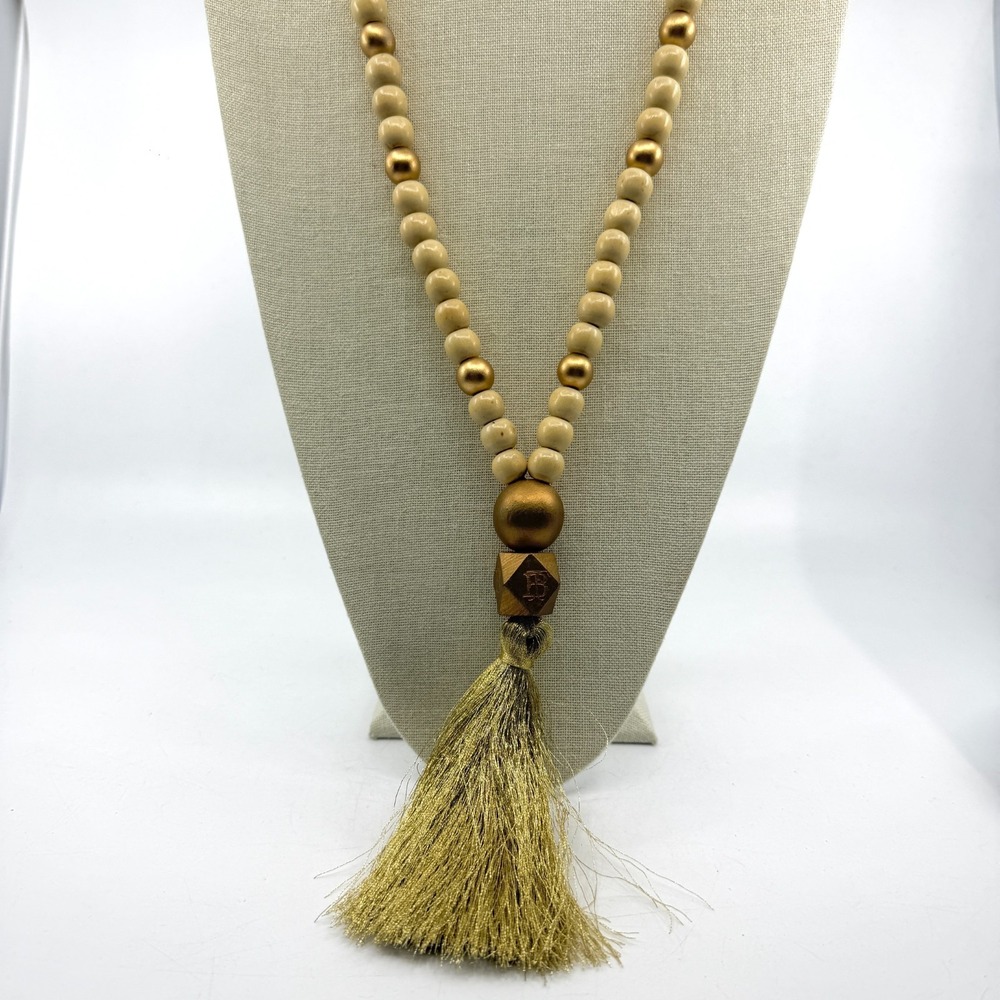TB Monogram Cream Wood Bead Gold Tassel Long Necklace Boho Statement Jewelry